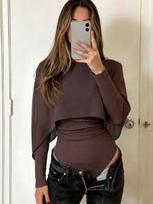 女款秋冬圓領羅紋披肩設計雪紡時尚浪漫通勤約會休閒百搭日常長袖緊身連身衣 - 棕色 - 查看 4