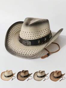 Unisex Gradient Hollow Western Cowboy Straw Hat Wide Brim Sun Hat With Bull Head Buckle X Rivets Wind Chin Strap Vintage Outdoor Beach Fedora Hat - Permed Straw Hat X Cow - View 7