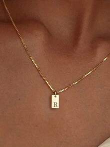 1pc Fashionable Stainless Steel Rectangular 26 Letter Pendant Necklace For Women, Suitable For Daily Wear, Birthday Gift - Yellow Gold - View 14
