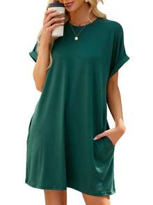 TEMOFON Vestido Camiseta para Mujer, Verano, Manga Corta, Holgado, con Bolsillo, Vestido Casual, Vestido de Verano a la Moda, Color Sólido Negro, Talla XL - Verde - Ver 1