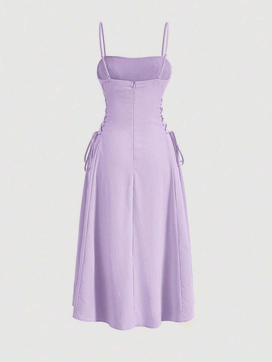MOD Long Red Evening Dress With Pleats At The Bust And Lacing At The Sides, Summer Dresses For Women - Dark Red - View 1