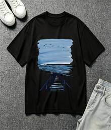 Soft Blue Watercolor Ocean Dock Seagull Landscape Graphic Oversized Crew Neck Short Sleeve Women's T-Shirt Coastal Vacation Casual Daily Wear Perfect Gift For Seascape Nature Art Enthusiasts - 黑色 - 查看 2