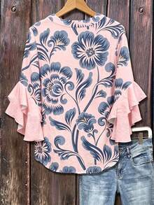 Floral Print Blouse With Ruffled Collar, Made Of Polyester Fabric, Suitable For Holidays, Daily Wear, Travel, Spring/Summer - Rosa - View 1