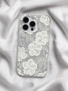 復古白色木槿花蕾絲紋理印花透明手機殼，相容 iPhone 13 15 16 17 Pro 17 14 17 Pro Max，相容 Galaxy/A54 A14 A15 S23 S24 S24 Ultra S25 A07 A17 S26 A57 - 彩色 - 查看 1