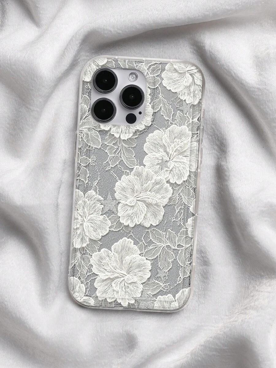 復古白色木槿花蕾絲紋理印花透明手機殼,相容 iPhone 13 15 16 17 Pro 17 14 17 Pro Max,相容 Galaxy/A54 A14 A15 S23 S24 S24 Ultra S25 A07 A17 S26 A57 - 彩色 - 查看 1