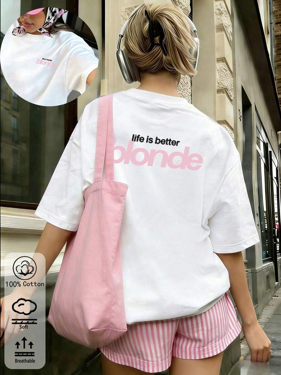 Retro Slogan Text Print Oversized Casual Short Sleeve T-Shirt - 白色 - 查看 1