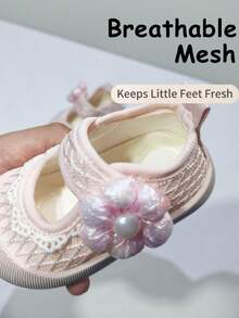 1 Par de Sapatos Mary Jane para Meninas Pequenas com Renda, Flor de Pérola 3D, Sapatos Planos de Malha com Fechamento de Gancho e Laço, Uso Diário em Todas as Estações (Tamanho por Palmilha em cm) - Rosa Bebê - Visão 6