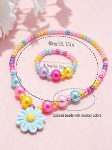 2pcs/Set Girls Cute Flower Pendant Beaded Necklace Bracelet Jewelry Set, Suitable For School, Holiday Party, Birthday Gift, Daily Wear - one-size - View 5