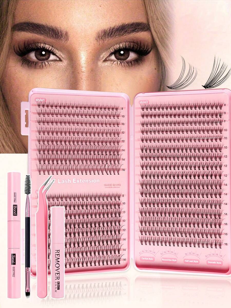 640pcs Single Lash Clusters, Dense Fluffy D-Curl DIY Eyelash Extensions, 8-16mm Mixed Length Design, Suitable For Various Makeup Looks, Enlarges Eyes, Set Includes Lash Glue, Remover, Tweezers, Lightweight And Reusable, Suitable For Beginners, Can Be Used For Daily, Party And Other Occasions - Black - View 1