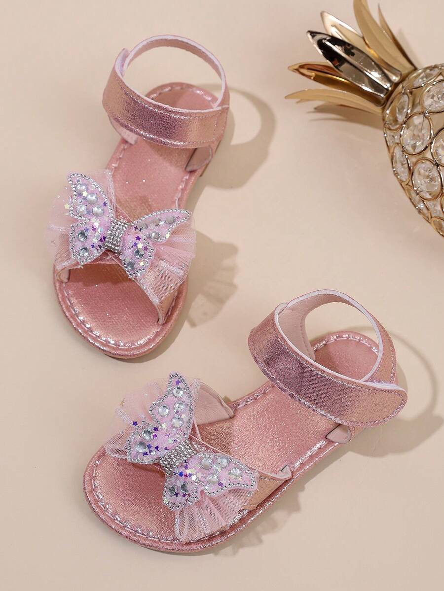 1 Pair Of Girls' 3D Mesh And Rhinestone Butterfly Glitter Hook And Loop Open-Toe Flat Sandals, Sweet Princess Style, Perfect For Everyday Summer Wear. - Pink - View 1