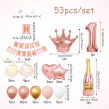 53件組玫瑰金生日派對裝飾，包含粉色Happy Birthday橫幅、玫瑰金數字、香檳瓶、皇冠，適用21歲生日派對裝飾，生日派對用品 - 彩色 - 查看 2
