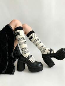 STAR RIVER 1 Pair Y2K Subculture Cream White Fun Musical Note Calf Socks, Lolita Girls Mid-Calf Socks, Back To School - Multicolor - View 11