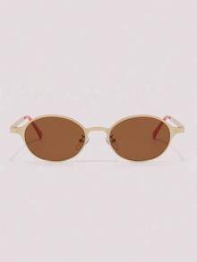 Visivana 1 Pair Unisex Small Oval Metal Sunglasses, Fashionable & Versatile, Ideal For Vacation, Travel, Beach, Festivals, Sports, Outdoor, Party, Street Style - Golden Tea - View 1