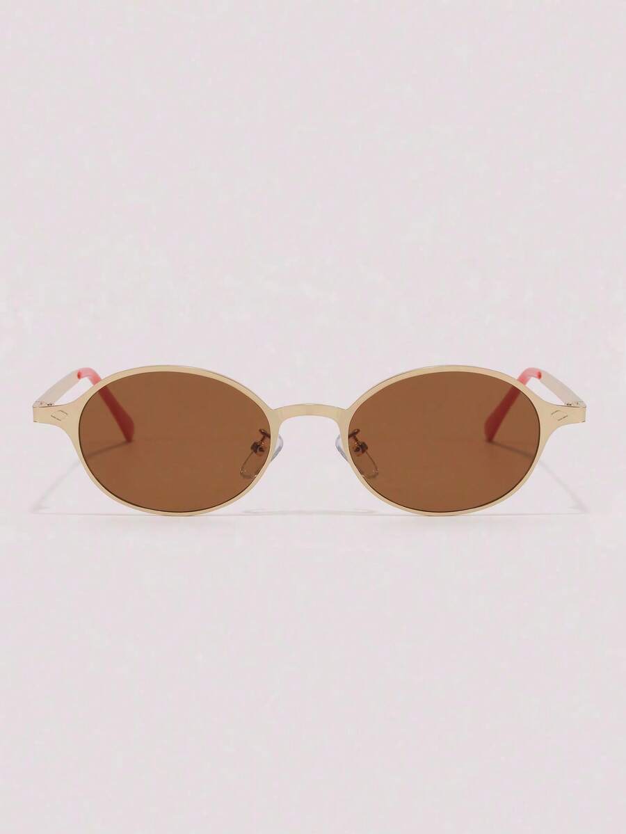 Visivana 1 Pair Unisex Small Oval Metal Sunglasses, Fashionable & Versatile, Ideal For Vacation, Travel, Beach, Festivals, Sports, Outdoor, Party, Street Style - Golden Tea - View 1