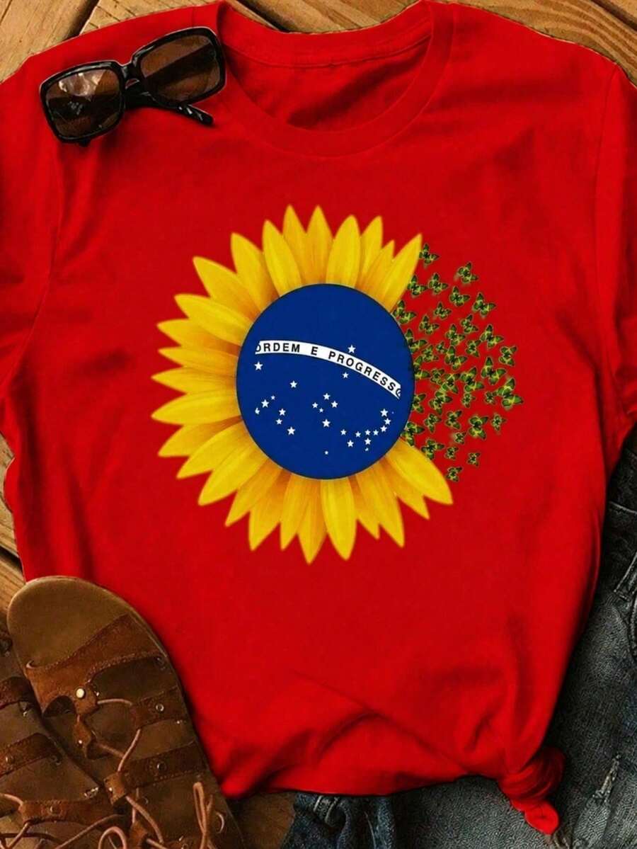 Women's T-Shirt Blouse For The 2026 Brazil Cup With Sunflowers And Butterflies, Stylish, 100% - 紅色 - 查看 1
