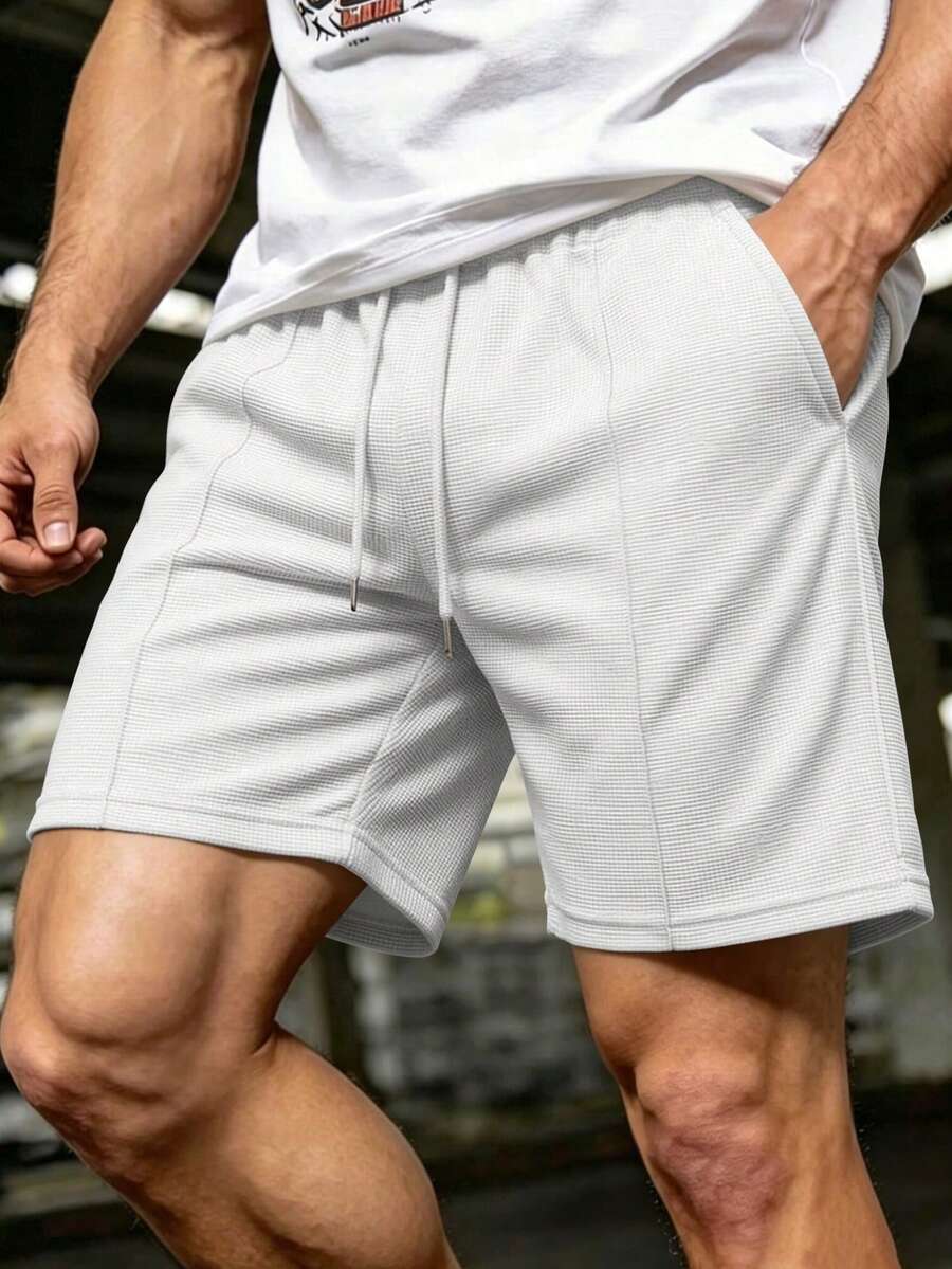 Kolrap 1件裝白色夏季男士純色抽繩華夫格布料休閒短褲，薄款時尚舒適百搭直筒5吋短褲，男士純色華夫格短褲，鬆緊腰抽繩休閒夏季居家短褲，運動運動短褲，紋理健身短褲，訓練短褲，休閒街頭風夏季短褲，輕鬆適配運動與休閒，適合海灘出遊，尺寸偏小，請訂購大一號