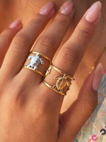 2pcs/1pc Summer Ocean Style 18K Gold Plated Stainless Steel Adjustable Rings, Waterproof Women's Jewelry, Durable And Suitable For Women To Wear, A Unique Personalized Accessory - Multicolor - View 1