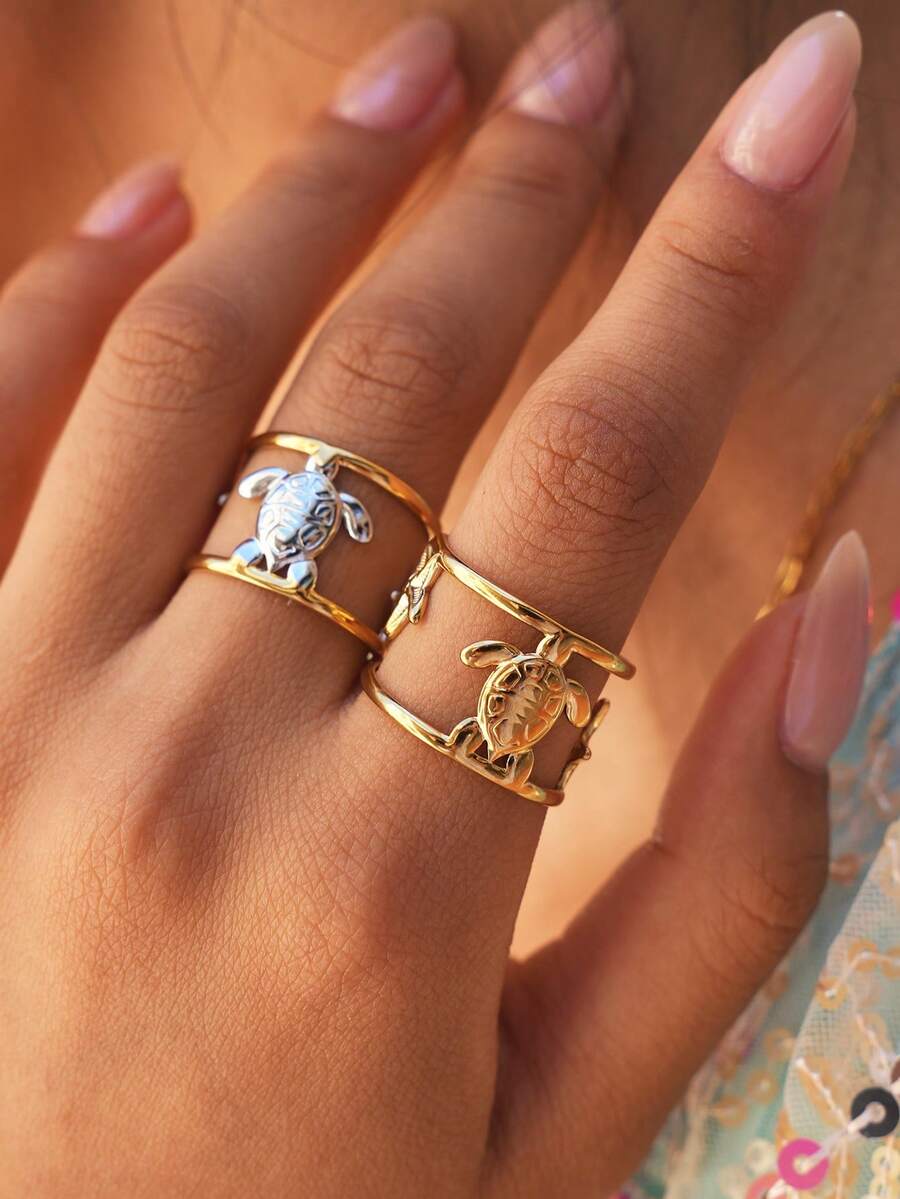 2pcs/1pc Summer Ocean Style 18K Gold Plated Stainless Steel Adjustable Rings, Waterproof Women's Jewelry, Durable And Suitable For Women To Wear, A Unique Personalized Accessory - Multicolor - View 1