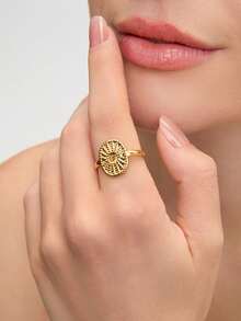 Ashenrae 1 pieza Anillo circular de joyería de acero inoxidable vintage con forma de sol personalizado para mujer - Amarillo Oro - Ver 2