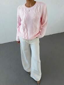 Plus Size Women's Casual Solid Color Cable Knit Pullover Sweater, Loose Lazy Long Sleeve Short Length Knit Top, Versatile For Daily Wear And Commuting - Pink - View 3