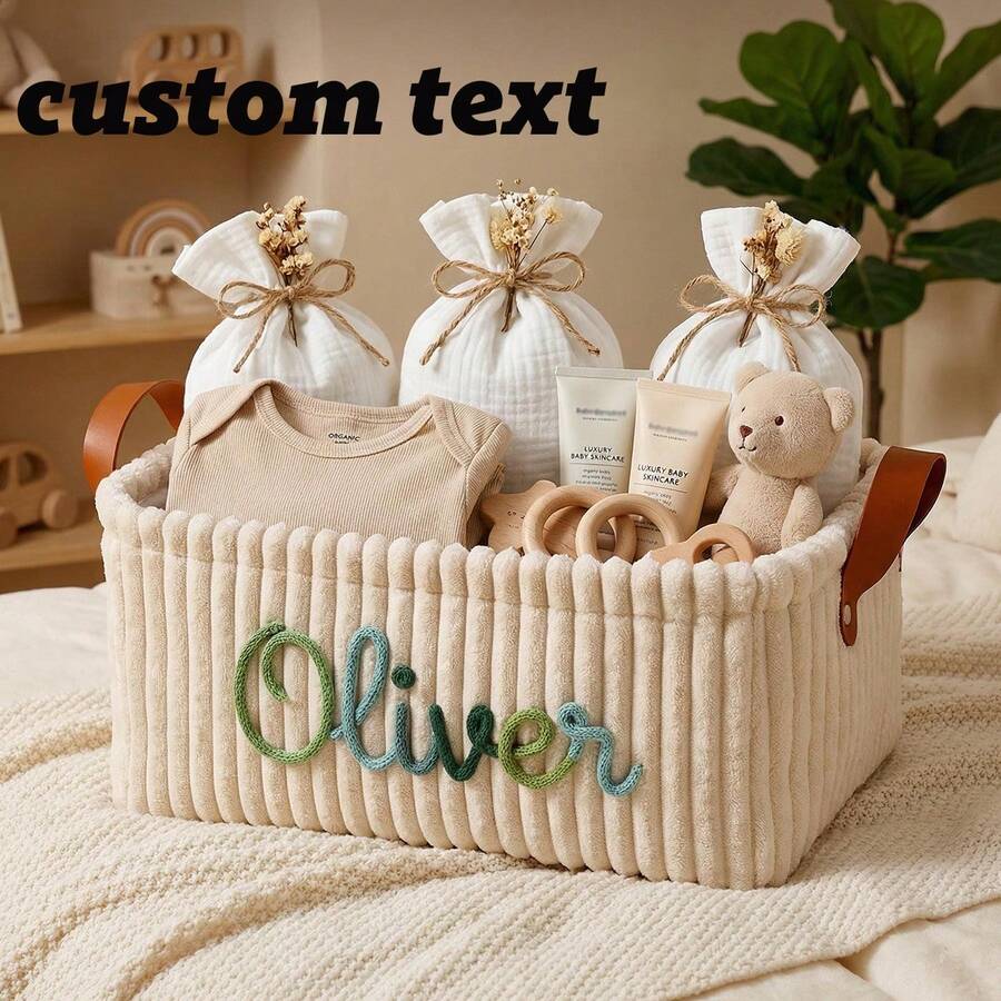 Personalized Embroidered Baby Storage Basket - Custom Embroidered Name Toy Bin - Baby Christening Gift Knitted Wire Basket - Multicolor - View 1