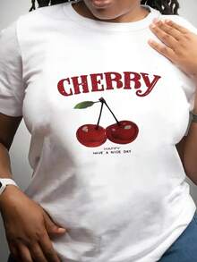 Women's Cherry Print T-Shirt - Casual Sporty Style, Soft And Breathable, 95% Cotton, 5% Polyester, 180g, Printed Design, Fresh Summer Look, Cute And Fun, Fashionable And Eye-Catching, Comfortable And Casual. KNWG - 卡其色 - 查看 6
