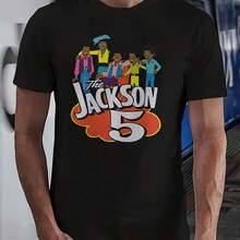 Camiseta de manga corta de poliéster con temática de los Jackson Five, de cuello redondo y estilo casual, adecuada para uso diario y al aire libre en diversos entornos. - Negro - Ver 1