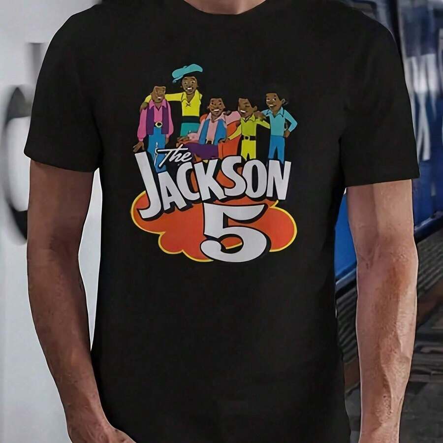 Camiseta de manga corta de poliéster con temática de los Jackson Five, de cuello redondo y estilo casual, adecuada para uso diario y al aire libre en diversos entornos. - Negro - Ver 1