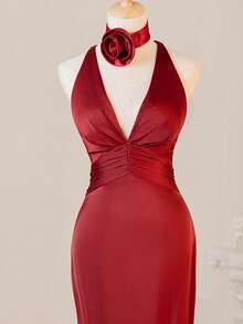 Vintage Burgundy Valentine's Day Backless Slit Sexy Bridesmaid Dress, Sister Party Wedding Season Dress - Burgundy - View 3