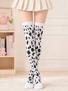 Women's White Over-The-Knee Socks, Black Cow Print, Soft Elastic Long Socks, Suitable For Cute Daily Wear - White - View 3