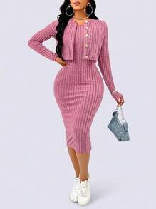 Blazique Women 2 Pieces Set: Solid Color Button-Front Jacket And Solid Color Backless Bodycon Dress Spring Elegant Casual - Hot Pink - View 1