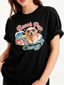 Size - Women's Round Neck T-Shirt, 100% Cotton, Casual Summer Style, With A Design Of A Puppy Dog On The Beach Wearing Sunglasses - 白色 - 查看 4