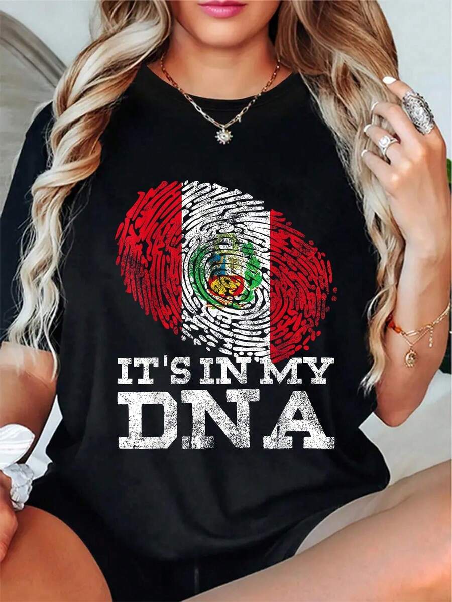 blusas casuales para damaIt's In My DNA Peruvian Gifts Hispanic Bandera De Peru Flag T-Shirt Casual Short Sleeve Shirtplayeras de mujer - Negro - Ver 1