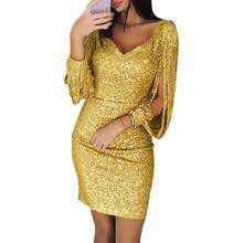 New Sexy Sequin And Fringe Long Sleeve Nightclub Party Dress - 黃色 - 查看 2