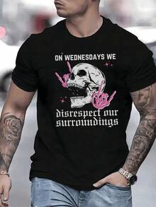 Calavera rockera con manos rosas haciendo gestos rebeldes simbolizando desafío y falta de respeto al entorno actual en esta camiseta de hombre - Negro - Ver 1