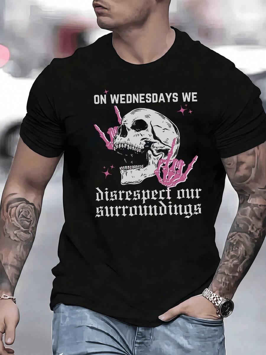Calavera rockera con manos rosas haciendo gestos rebeldes simbolizando desafío y falta de respeto al entorno actual en esta camiseta de hombre - Negro - Ver 1