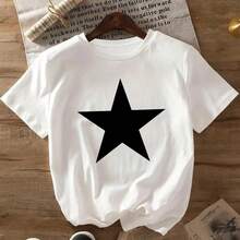Stars For Women, Casual Short-Sleeved T-Shirt For Everyday Wear, Women's Clothing For All Seasons, Casual Summer Round Neck T-Shirt, T-Shirts With Viral Prints. - 白色 - 查看 2