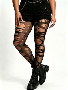 1 Pair Women's Personalized Ripped Tights, Gothic Punk Style, Fashion Enthusiasts' First Choice, Suitable For Daily Wear And Daily Matching - Black - View 5