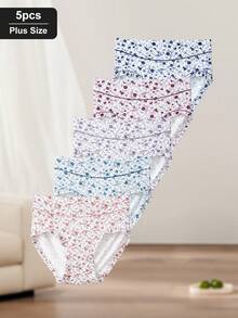 QUASTI 5pcs Women's Plus Size High Waist Floral Print Panties, Elastic Waistband Soft Breathable Triangle Briefs, Comfortable Casual Daily Wear Underwear - Multicolor - View 6