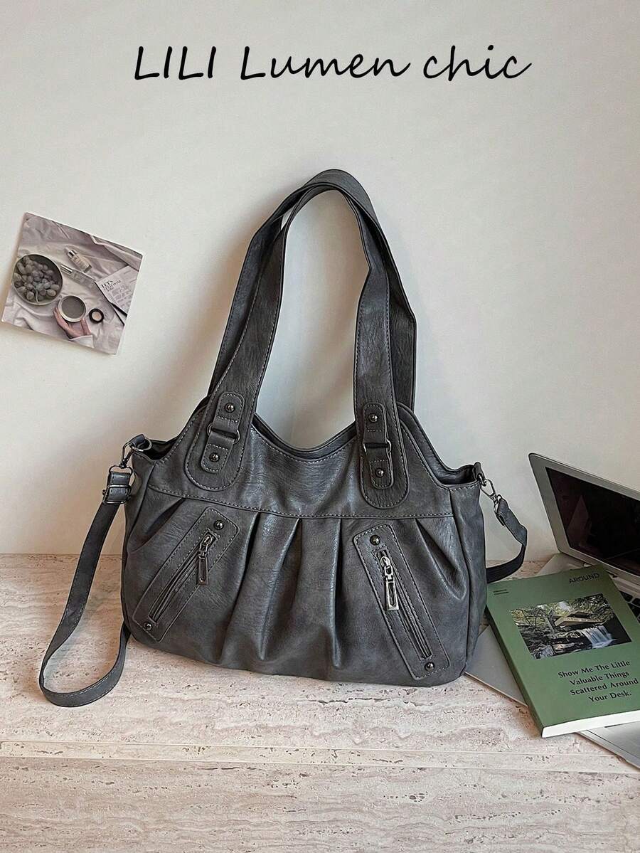 This Is A Stylish And Versatile Shoulder Bag. It Has A Large Capacity, A Solid Color Design, And Is Made Of Vintage PU Material. A Perfect Choice For Going To Work, With An Ape - Dark Grey - View 1