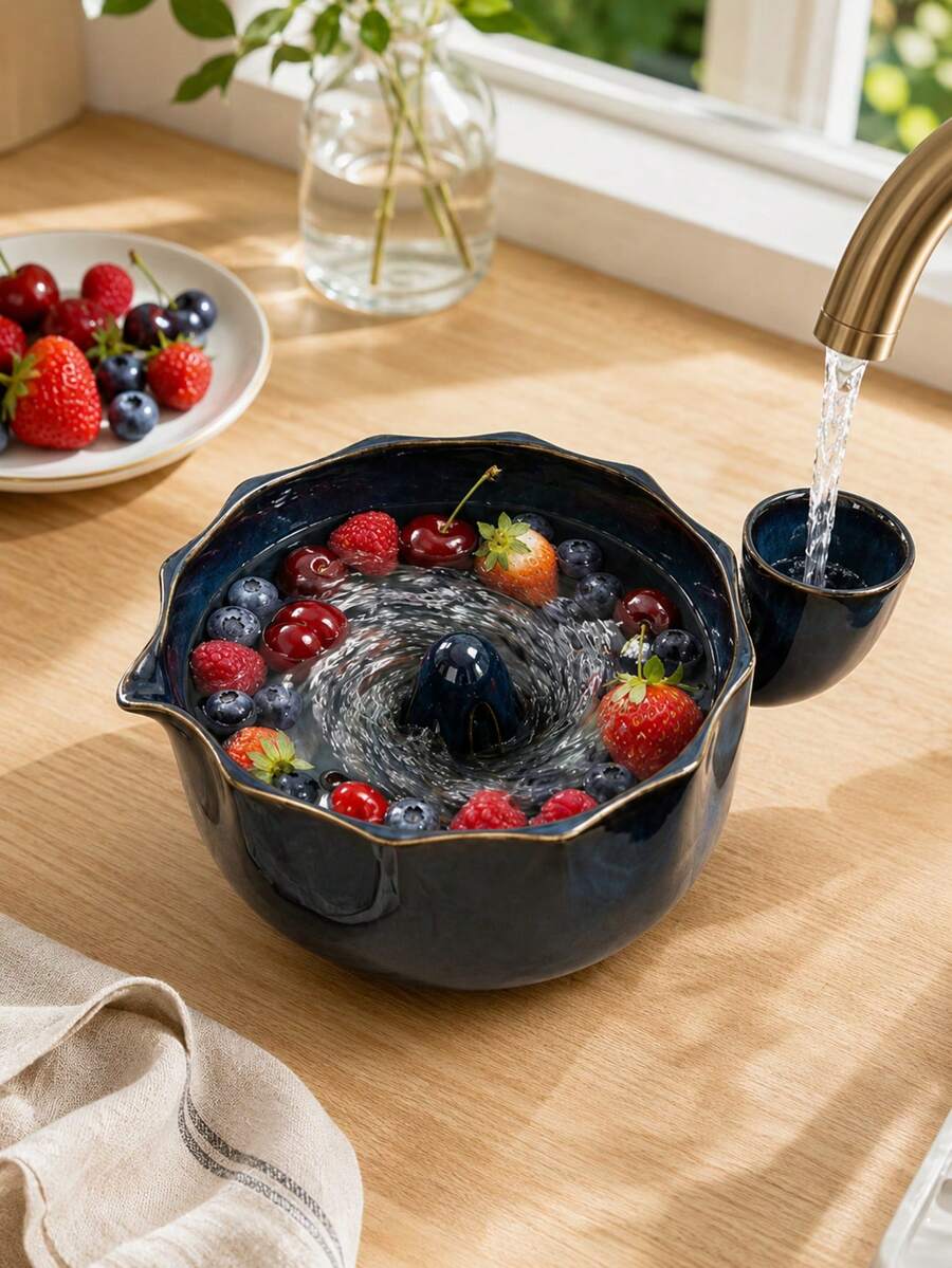 1/2件裝 The Berry Swirl 陶瓷水果清洗碗，渦流水流側進水設計，草莓、藍莓與小水果多功能濾水盆，快速瀝水廚房濾網，耐用陶瓷莓果清洗器，適合日常居家備餐
