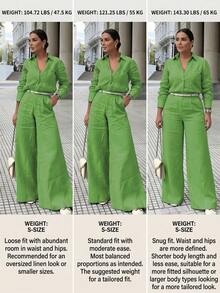Conjunto casual de verano para mujer, ligero y delgado, incluye camisa tipo cárdigan + pantalones de pierna ancha con bolsillos, diseño de cintura elástica, sin cinturón, adecuado para vacac - Verde - Ver 2