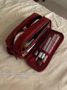 Minimalist Design Makeup Bag, Cosmetic Storage Bag, Portable Toiletry Bag, Portable Travel Skincare Storage Bag, Large Capacity Double Layer Makeup Bag With Compartments, Spacious Toiletry Bag With Dividers, Can Be Used For Small Item Storage, Desktop Storage, Cosmetic Storage, Accessory Storage - Completely Upgraded - View 8