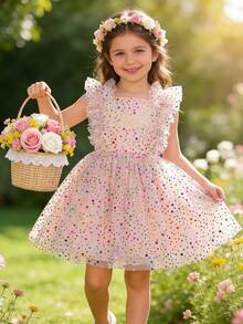 Young Girl Cute Polka Dot Ruffle Champagne Mesh Party Dress For Stage Performance, Birthday Party, Wedding, Vacation - Apricot - View 2