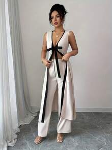 Conjunto de canguro sin mangas con cuello en V y pantalones de pierna ancha, estilo urbano casual y elegante K601, para primavera y verano - Blanco - Ver 6