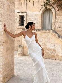 Wedding Party Birthday Party Anniversary Graduation Party Music Festival Solid Color Multi-Layer Ruffle Backless Spaghetti Strap Dress White - White - View 3