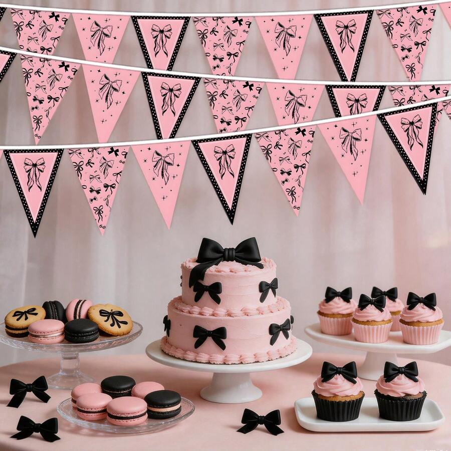 12 Peças Bandeira de Laço Coquette Rosa e Preto, 12 Peças Guirlanda de Bandeiras Triangulares com Estampa de Laço e Estrela, Bandeiras de Pennant Vintage Pré-Montadas para Aniversário de Meninas, Chá de Bebê, Chá de Panela, Bandeira de Laço Vintage, Decoração de Parede - Laço preto e rosa - Visão 1