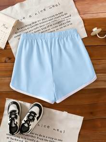 2pcs/Set Girls Round Neck Short Sleeve T-Shirt With Simple English Graphic, Paired With Casual Shorts, Summer New Comfortable Outfit - Baby Blue - View 6