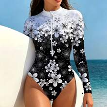 Elegant Floral Print Women's Long Sleeve Zip Up One Piece Swimsuit Black And White Flower Pattern Beachwear Summer Swimwear For Her Gift - Black - View 3