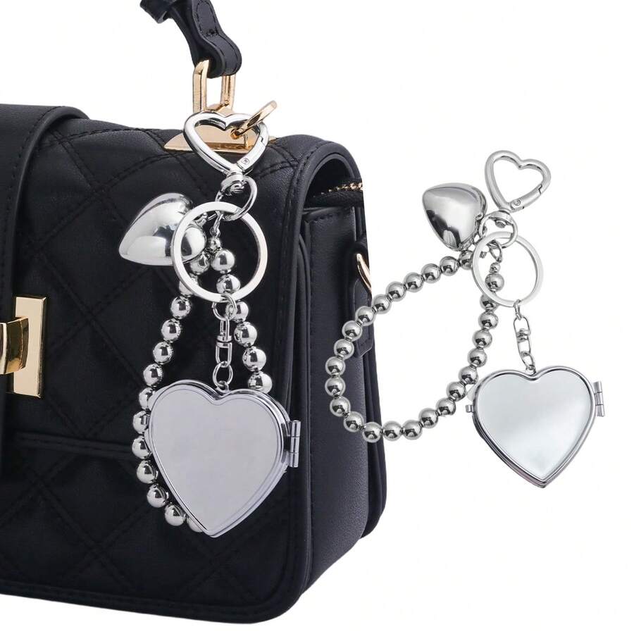 1pc Y2K Silver Bead Heart Foldable Double-Sided Makeup Mirror Keychain, Minimalist Metal Heart-Shaped Car Key Ring Pendant, Women's Gift
